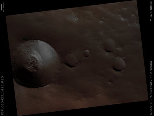 Southern Craters (Natural Colors; credits: Lunar Explorer Italia)
Mars Local Time: 15:47 (middle afternoon)
Coord. (centered): 236,1° South Lat. and 224,2° East Long.
Spacecraft altitude: 251,9 Km (such as about 157,5 miles) 
Original image scale range: 50,4 cm/pixel (with 1 x 1 binning) so objects ~ 1,51 mt across are resolved 
Map projected scale: 50 cm/pixel
Map projection: EQUIRECTANGULAR 
Emission Angle: 0,3° 
Phase Angle: 74,1°
Solar Incidence Angle: 74° (meaning that the Sun is about 16° above the Local Horizon)
Solar Longitude: 142,9° (Northern Summer)
Credits: NASA/JPL/University of Arizona
Additional process. and coloring: Lunar Explorer Italia
Parole chiave: Mars from orbit - Craters - Unnamed Southern Crater