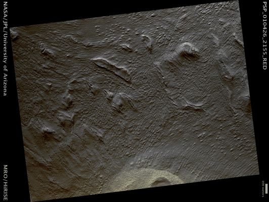 Erebus Montes (Natural Colors; credits: Lunar Explorer Italia)
Mars Local Time: 15:31 (middle afternoon)
Coord. (centered): 35,3° North Lat. and 187,4° East Long.
Spacecraft altitude: 295,3 Km (such as about 184,6 miles) 
Original image scale range: 59,1 cm/pixel (with 1 x 1 binning) so objects ~1,77 mt across are resolved 
Map projected scale: 50 cm/pixel
Map projection: EQUIRECTANGULAR 
Emission Angle: 1,6° 
Phase Angle: 52,8°
Solar Incidence Angle: 51° (meaning that the Sun is about 39° above the Local Horizon)
Solar Longitude: 142,9° (Northern Summer)
Credits: NASA/JPL/University of Arizona
Additional process. and coloring: Lunar Explorer Italia
Parole chiave: Mars from orbit - Mountains - Erebus Montes