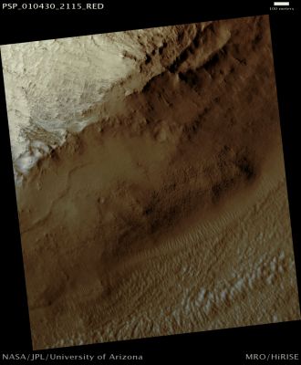 Olivine Deposits (Natural Colors; credits: Lunar Explorer Italia)
Mars Local Time: 15:35 (middle afternoon)
Coord. (centered): 30,8° North Lat. and 79,7° East Long.
Spacecraft altitude: 289,8 Km (such as about 181,1 miles) 
Original image scale range: 29,0 cm/pixel (with 1 x 1 binning) so objects ~ 87 cm across are resolved 
Map projected scale: 25 cm/pixel
Map projection: EQUIRECTANGULAR 
Emission Angle: 7,4° 
Phase Angle: 44,2°
Solar Incidence Angle: 52° (meaning that the Sun is about 38° above the Local Horizon)
Solar Longitude: 143,1° (Northern Summer)
Credits: NASA/JPL/University of Arizona
Additional process. and coloring: Lunar Explorer Italia
Parole chiave: Mars from orbit - Olivine Deposits