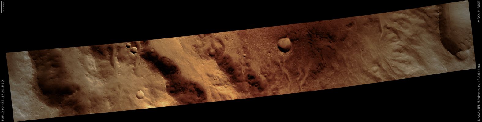 Possible "Paleo-Lake" in Ophir Planum (Natural Colors; credits: Lunar Explorer Italia)
Mars Local Time: 15:35 (middle afternoon)
Coord. (centered): 10,0° South Lat. and 306,2° East Long.
Spacecraft altitude: 274,2 Km (such as about 171,4 miles) 
Original image scale range: 54,9 cm/pixel (with 1 x 1 binning) so objects ~ 1,65 mt across are resolved 
Map projected scale: 50 cm/pixel
Map projection: EQUIRECTANGULAR 
Emission Angle: 19,1° 
Phase Angle: 75,7°
Solar Incidence Angle: 59° (meaning that the Sun is about 31° above the Local Horizon)
Solar Longitude: 143,2° (Northern Summer)
Credits: NASA/JPL/University of Arizona
Additional process. and coloring: Lunar Explorer Italia
Parole chiave: Mars from orbit - Paleolake - Ophir Planum