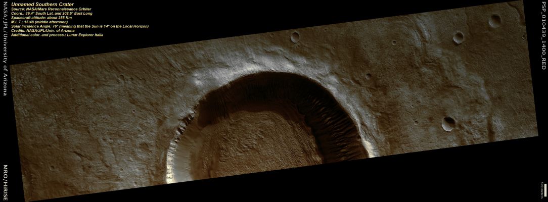 Unnamed Southern Crater (Natural Colors; credits: Lunar Explorer Italia)
nessun commento
Parole chiave: Mars from orbit - Craters - Unnamed Crater