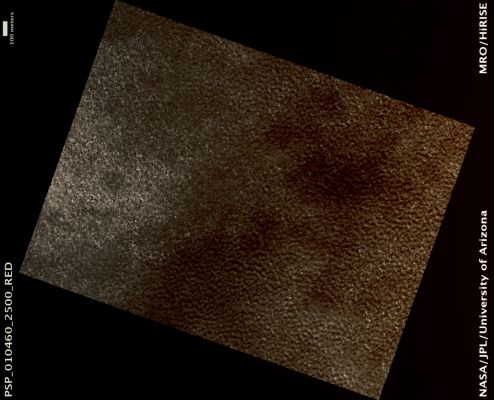 Vastitas' Texture (Enhanced Natural Colors; credits: Lunar Explorer Italia)
Mars Local Time: 15:11 (early afternoon)
Coord. (centered): 69,6° North Lat. and 331,4° East Long.
Spacecraft altitude: 314,8 Km (such as about 196,7 miles) 
Original image scale range: 63,0 cm/pixel (with 1 x 1 binning) so objects ~ 1,89 mt across are resolved 
Map projected scale: 50 cm/pixel
Map projection: EQUIRECTANGULAR 
Emission Angle: 0,2° 
Phase Angle: 62,8°
Solar Incidence Angle: 63° (meaning that the Sun is about 27° above the Local Horizon)
Solar Longitude: 144,2° (Northern Summer)
Credits: NASA/JPL/University of Arizona
Additional process. and coloring: Lunar Explorer Italia
Parole chiave: Mars from orbit - Vastitas Borealis Region