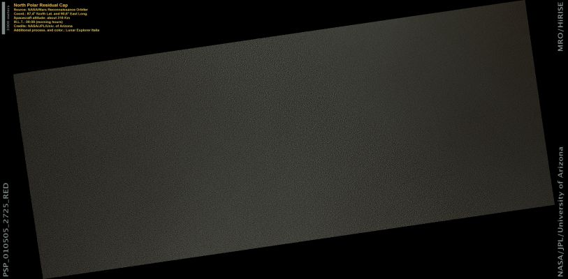 North Polar Residual Cap (Natural Colors; credits: Lunar Explorer Italia)
nessun commento
Parole chiave: Mars from orbit - North Polar Features - Residual Cap