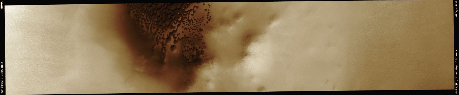 Impact Crater with possible Summer Ice in Vastitas Borealis (Natural Colors; credits: Lunar Explorer Italia)
Mars Local Time: 15:13 (early afternoon)
Coord. (centered): 70,0° North Lat. and 352,1° East Long.
Spacecraft altitude: 317,9 Km (such as about 198,7 miles) 
Original image scale range: 63,6 cm/pixel (with 1 x 1 binning) so objects ~ 1,61 mt across are resolved 
Map projected scale: 50 cm/pixel
Map projection: EQUIRECTANGULAR 
Emission Angle: 2,0° 
Phase Angle: 62,1°
Solar Incidence Angle: 64° (meaning that the Sun is about 26° above the Local Horizon)
Solar Longitude: 146,3° (Northern Summer)
Credits: NASA/JPL/University of Arizona
Additional process. and coloring: Lunar Explorer Italia
