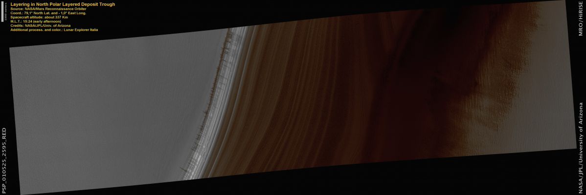 Layering in North Polar Layered Deposit Trough (Natural Colors; credits: Lunar Explorer Italia)
nessun commento
Parole chiave: Mars from orbit - North Polar Features - NPLD