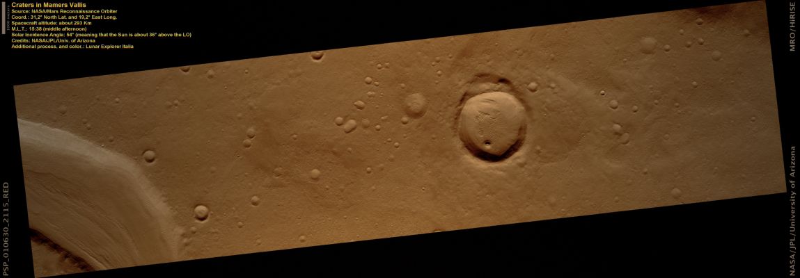 Craters and possible "Pingo" in Mamers Vallis (ctx frame - Natural Colors; credits: Lunar Explorer Italia)
This image was suggested by Mr. Dennis Mitchell's 8th grade NASA team, Evergreen Middle School, Cottonwood, CA, as part of the HiRISE Quest Student Image Challenge.

They write: "Located near Mamers Valles, this image shows numerous fluvial features that indicate this area was once rich with water. The lineated valley fill suggests an ice-rich soil. [Of particular interest] is a small cone-like feature [located on the floor of a 2 Km-diameter] impact crater in the center of the ctx frame.
Parole chiave: Mars from orbit - Mamers Vallis