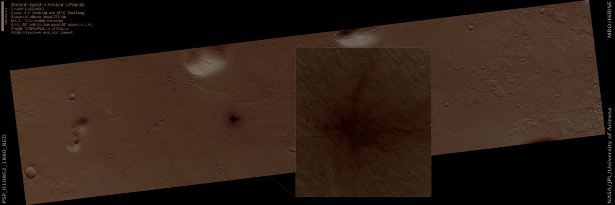 Recent Impact in Amazonis Planitia (Absolute Natural Colors; credits for the additional process. and color.: Dr Paolo C. Fienga - Lunexit Team)
nessun commento
Parole chiave: Mars from orbit - Craters - Recent Crater