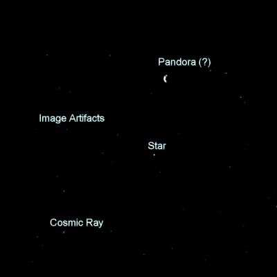 In the Space of Saturn...
La rubricazione NASA di questo frame riportava solo la dicitura "Sky". A noi, invece, sembra di vedere la piccola luna Pandora, in alto a Dx (la riconosciamo sia a causa della sua forma "a fuso", sia in ragione del cratere che si trova proprio sulla sua punta - ivi: Polo Nord, rispetto all'Osservatore).
Certo, potremmo anche sbagliarci, però...
Parole chiave: Saturn's Moon - Pandora