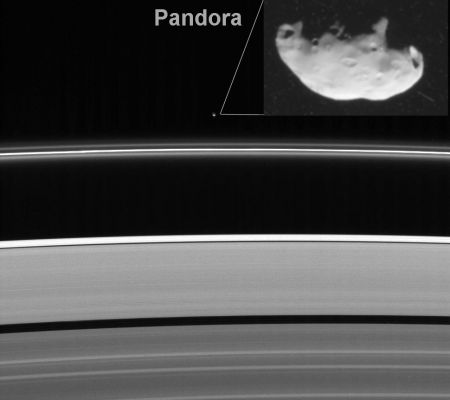 Pandora, from about 2 MKM
Caption NASA:"Less intrusive than her sibling shepherd moon (Prometheus), Pandora nonetheless provides a gravitational influence that helps confine and perturb the F-Ring's shape. 
Also notable here is the brightness of the region of the outer A-Ring which lies outside the very narrow Keeler Gap. This view looks toward the unlit side of the Rings from about 38° above the Ring-Plane. 

The image was taken in visible light with the Cassini spacecraft narrow-angle camera on Oct. 16, 2006 at a distance of approx. 2 MKM (about 1,2 MMs) from Pandora and at a Sun-Pandora-spacecraft, or phase, angle of 157°. Image scale is roughly 12 Km  (about 7 miles) per pixel".

Nota: nell'inset, Pandora da poco meno di 52.000 Km di distanza
Parole chiave: Saturn's Moons - Pandora