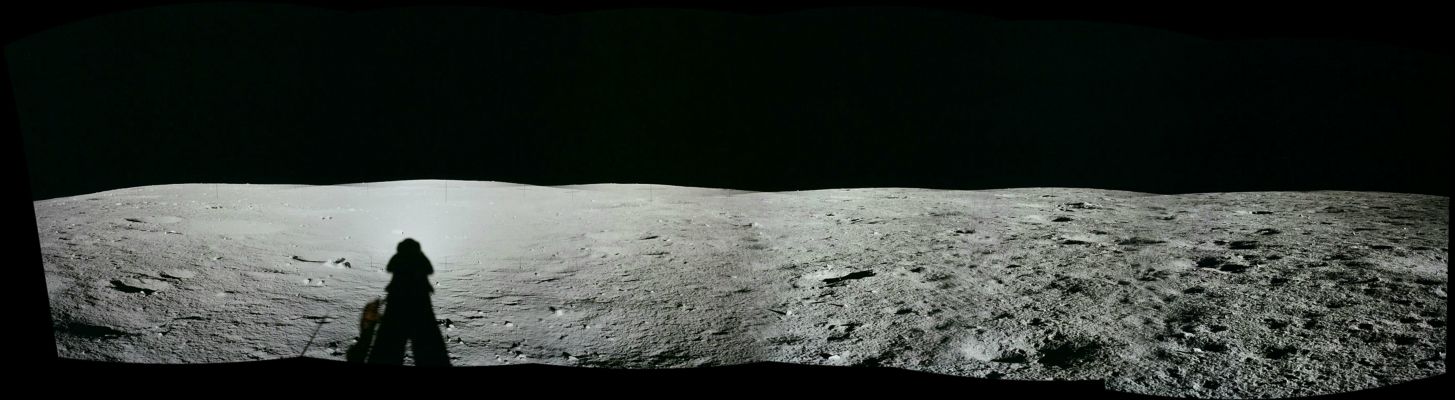 From AS 12-46-6796 until 6801 (EVA-1; ALSEP Deployment Site)
116:57:52 MT - Pete Conrad starts a 16-frame pan near the ALSEP Deployment Site. 
The first frame of the pan shows the view a little to the left of down-Sun. We can see the shadow of the UHT sticking up out of the SIDE subpallet.

Parole chiave: Lunar Panorama - ALSEP Deployment Site