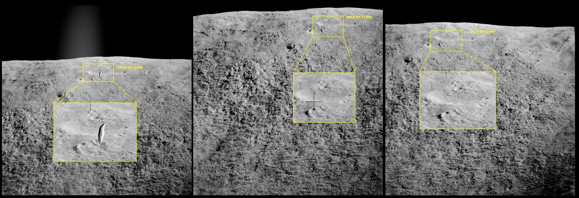 AS 15-84-11296 - AS 15-84-11305 and AS 15-84-11306: The "Lunar Dolphin"
Sfidiamo chiunque ad individuare una possibile Anomalìa di Superficie la quale sia più incredibile ed inesplicabile di questa (ancora una volta centrata dal nostro straordinario Dr Gianluigi Barca). 
L'abbiamo battezzata "Delfino Lunare" (per ovvi motivi di somiglianza tra la figura che si vede nel primo frame del mosaico ed il noto mammifero terrestre), ma è evidente che noi non abbiamo la benchè minima idea di che cosa si possa trattare. O meglio: riteniamo (con un margine di certezza quasi assoluto - la "certezza al 100%", al pari della Giustizia, non è di questo mondo...) che NON si tratti di un image-artifact.

Ciò premesso, ogni ipotesi (dalla Alien Probe di forma completamente inusuale ed esotica, alla possibile "Flying Rock" - e non sarebbe certo la prima...) è valida. 

E Voi? Cosa ne pensate?
Parole chiave: Lunar Features - Mount Hadley - Extremely Controversial Feature