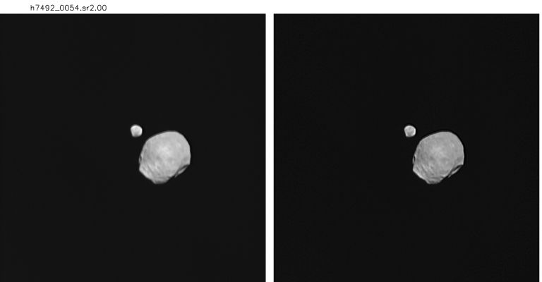 Big Brother and Little Brother
Phobos and Deimos RAW (left panel) and processed images (right panel). 

In a first, ESA’s Mars Express Orbiter imaged the Martian Moons Phobos and Deimos together on November, 5th, 2009. 
Apart from their ‘wow’ factor, these unique images will help the HRSC team validate and refine existing orbit models of the two moons. 

The images were acquired with the Super Resolution Channel (SRC) of the High Resolution Stereo Camera (HRSC). The camera took 130 images of the moons on November 5th at 09:14 CET in a span of 1,5 minutes at intervals of 1", speeding up to 0,5" intervals toward the end. The image resolution is 110 m/pixel for Phobos and 240 m/pixel for Deimos — Deimos was more than twice as far from the camera. 

The Super Resolution Channel of the HRSC uses an additional lens, which has a very narrow field of view of just 0,5°, providing four times the magnification than otherwise providing four times the resolution of the HRSC colour stereo channel. 

Phobos, the larger of the two moons, orbits closer to the Red Planet, circling it every 7 hours and 39 minutes. It travels faster relative to Mars than the Moon relative to Earth. 
Phobos was about 11.800 Km from Mars Express when the images were taken. Deimos, instead, was about 26.200 Km away.
Parole chiave: Mars' Moons - Deimos and Phobos