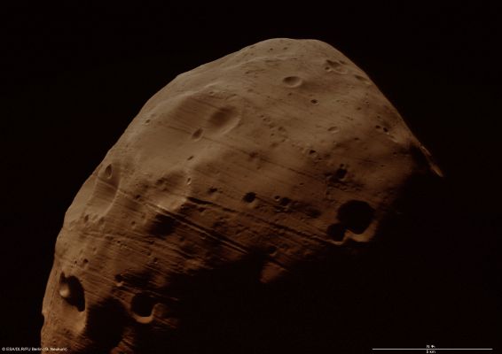 Phobos in HR (Enhanced Natural Colors; credits for the additional process. and color.: Dr Paolo C. Fienga - Lunexit Team)
Caption ESA:"On July 23, 2008, the High Resolution Stereo Camera on board the ESA’s Mars Express took the highest-resolution full-disc image yet of the surface of the moon Phobos. 
The image data were acquired from a distance of about 97 Km from Phobos' Surface, with a spatial resolution of about 3,7 mt/pixel, during orbit 5851. 
These images have surpassed all previous images from other missions in continuous coverage of the illuminated surface at the highest spatial resolution of 3,7 mt/pixel". 

This image has been geometrically corrected and exhibits the original illumination and photometric conditions". 
Parole chiave: Mars' Moon - Phobos