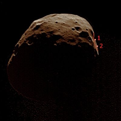 Phobos and two possible Landing Sites for "GRUNT" (natural colors; credits: Lunexit)
Caption ESA:"HRSC Super-resolution channel (SRC) image taken on July, 22, 2008 from a distance of approix. 4500 Km, showing the illuminated edge of the potential Landing Site of the Russian "Phobos-Grunt" Mission. 

Parole chiave: Mars' Moon - Phobos