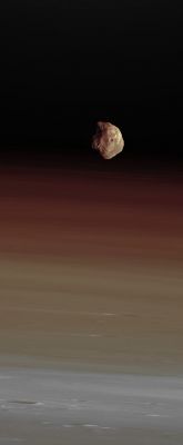 Phobos, the "Doomed Moon", from Mars Express (MULTISPECTRUM; credits: Lunexit)
Caption ESA:"An image of Phobos by the High-Resolution Stereo Camera on board Mars Express taken on January 10, 2007. 

The larger and inner of the two Martian Moons is seen here floating just above the Martian Limb. The image has been enhanced slightly to bring out the detail on the moon". 

Parole chiave: Martian Moons - Phobos