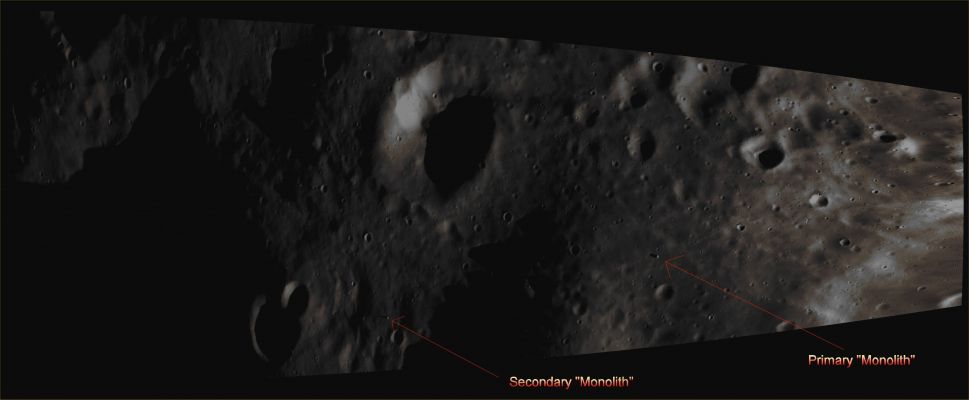 The Phobos' Monoliths in context (an Image-Mosaic in Absolute Natural Colors; credits for the additional process. and color.: Marco Faccin and Paolo C. Fienga/Lunar Explorer Italia/Italian Planetary Foundation)
Tanto per ricordare agli Amici "Anomaly Hunters" che di Monoliti (o, come suggeriamo noi, di "Parallelepipedal-shaped Ejecta Boulders"), su Phobos, ce ne sono ALMENO due. E comunque, se proprio vogliamo parlare di Anomalìe, potremmo discutere non solo (e non tanto!) della forma dei due rilievi controversi ed indicati da una freccia, quanto della loro (straordinaria ed inspiegabile, oltre che totalmente fuori contesto, a nostro parere) Albedo...
Parole chiave: Martian Moons - Phobos
