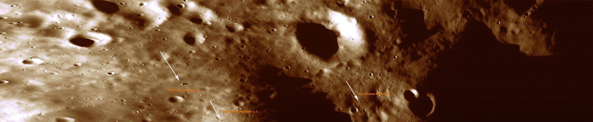 The (many?) "Monoliths" of Phobos (Saturated Natural Colors; credits for the additional process. and color.: Dr Paolo C. Fienga - Lunexit Team)
Su segnalazione del Dr Gianluigi Barca, il quale – per le sue riflessioni – ha utilizzato questo splendido frame MGS che ritrae una porzione della Luna Marziana Maggiore “Phobos”, abbiamo provato a prendere in considerazione l’eventualità che l’Anomalìa Superficiale conosciuta come “Phobos’ Monolith” (il Monolito di Phobos che, in questo frame, è il rilievo identificato come “The Phobos’ Monolith”, senza numerazione) potesse non essere unica.
In particolare, il Dr Barca si domandava se altri due rilievi minori, ivi contrassegnati dai numeri 2 e 3, potessero condividere o meno la natura singolare (o addirittura anomala, se volete) del rilievo maggiore.

Intuitivamente ed inizialmente la risposta è stata “si”. 
Tuttavia, dopo aver esaminato questo frame con attenzione e dopo aver svolto alcune considerazioni, abbiamo ritenuto che la nostra supposizione originaria fosse errata e che, in realtà, su Phobos, alla luce delle immagini che possediamo, di Anomalìe Superficiali ne esiste – a nostro parere – soltanto una.

Cerchiamo di capire, a questo punto, perché gli altri due rilievi che pure proiettano, al pari del Monolito di Phobos, delle ombre di lunghezza medio/grande, NON SONO delle Anomalìe.

Osservate attentamente: il Monolito di Phobos si trova in una regione ancora/già abbondantemente illuminata dai raggi del Sole (così come il presunto Phobos Monolith n. 2) mentre il (pure presunto) Monolito n. 3 è già a ridosso del Terminatore. 
Traduciamo questa riflessione in termini di illuminazione dell'Orizzonte Locale sul quale sorgono i tre rilievi: per il Phobos Monolith ed il Phobos Monolith n. 2, il Sole è ancora/già mediamente alto sull'orizzonte e le ombre che derivano dai rilievi superficiali sono di media lunghezza; per il Monolito di Phobos n. 3, invece, il Sole è ancora/già a ridosso dell'Orizzonte Locale (O.L.) e le ombre che ne derivano, anche a fronte di rilievi non eccessivamente alti (diciamo pure piuttosto bassi o comunque di modesta elevazione), sono lunghe. 
Phobos è un mondo decisamente piccolo (approx. 13,5 x 10,8 x 9,4 Km) e quindi, nell'immagine in questione, noi vediamo “piatta” – poiché riportata/spalmata sopra un planisfero – una superficie che, in realtà, è abbondantemente curva!
Questo vuol dire, in altre parole, che anche se alcuni oggetti sembrano (e/o sono davvero) collocati a distanze modeste e/o modestissime – relativamente, come ovvio – fra loro, lo scarto in termini di altezza del Sole sull'O.L. per ciascuno di essi diventa/è "sensibile".

Alla luce di queste considerazioni, noi riteniamo che il Phobos’ Monolith originale sia EFFETTIVAMENTE un rilievo piuttosto alto, poichè l'ombra che proietta è sensibilmente lunga (quasi 200 metri – Fonte NASA) anche in condizioni di Sole non radente sull'O.L.. 

Il Monolito n. 2, invece, potrebbe/dovrebbe essere solo un erratic boulder il quale, probabilmente a forma di pseudo (o simil-) parallelepipedo, "riposa" sul suo lato corto, ma NON E', esattamente, una struttura colonnare o simil-colonnare come il Phobos Monolith originale (o come le Cuspidi di Blair o la Lunexit Cuspid, per chi volesse riferirsi alla Luna per paragoni e confronti).

Per quanto attiene il Monolito n. 3, infine, è difficile essere precisi ma, premesse le considerazioni che abbiamo svolto sull'O.L., noi non escluderemmo l'eventualità per cui si possa trattare anche in questo caso di un erratic boulder il quale proietta un'ombra mediamente lunga a causa NON (solo e NON tanto) della sua altezza, bensì in ragione della sua posizione sulla superficie in rapporto all'altezza del Sole esistente sul SUO Orizzonte Locale.

Conclusioni: il Phobos’ Monolith è effettivamente una struttura colonnare e, quindi, una effettiva Singolarità (o, addirittura, un’Anomalìa di Superficie vera e propria); il rilievo che abbiamo chiamato “Monolito n. 2” è solo un macigno erratico con la forma (approssimativa) di un parallelepipedo e di dimensioni medio grandi il quale, vista la sua posizione al suolo in rapporto alla posizione del Sole sul suo O.L., sembra essere ciò che non è (e quindi non è una Singolarità né, tanto meno, un’Anomalìa).
Infine, il rilievo che abbiamo chiamato Monolito n. 3 potrebbe anch’esso – ragionevolmente – essere null’altro che un altro macigno erratico (neppure troppo alto) il quale, grazie all’illuminazione radente, ci fornisce l’impressione (erronea) di costituire un rilievo che si sviluppa maggiormente in altezza piuttosto che in larghezza.

Sperando di essere stati sufficientemente chiari, ringraziamo il Dr Barca per averci fornito l’occasione di poter riflettere in Vostra compagnia sulla natura di alcuni rilievi i quali, a causa di elementi quali l’altezza del Sole sull’O.L. e le ombre che ne derivano, rischiavano di essere scambiati per delle Singolarità o, in certi casi, per delle autentiche Anomalìe di Superficie.

Dati NASA Ufficiali: il Phobos’ Monolith viene classificato e catalogato come “large boulder” (macigno di grandi dimensioni); l’ombra che si vede in questo frame è lunga circa 190 metri; la larghezza del macigno, invece, dovrebbe aggirarsi intorno agli 80 metri.

Parole chiave: Mars' Moons - Phobos