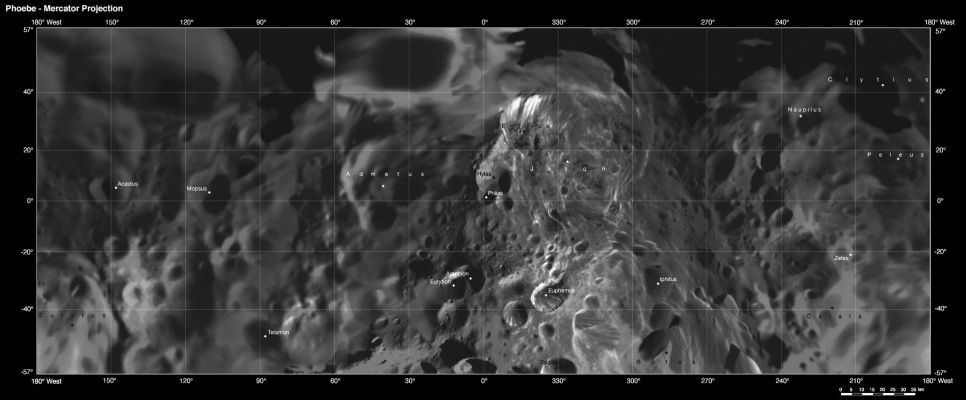 Phoebe: Cartographic Projections (Mercator Projection)
Caption NASA:"This Map is part of a group release of Mercator and Polar Stereographic Projections of Saturn's moon Phoebe. 
A "Mercator Projection" is a map that preserves directions on a body, but distorts sizes, especially near the Poles. This Global Digital Map of Phoebe was created using data taken during Cassini's close Fly-By of the small moon that occurred in June 2004.
The mosaic is projected into the Mercator Projection within the Latitude range from 57° South to 57° North; the Stereographic Projections represent Latitudes greater and lower than + or - 55°. Thus, this map meets the standard scale of 1:1.000.000, as recommended by the U.S.G.S.
The projections are conformal, the quadrangles overlap and the scale of the Poles was chosen such that the circumference of the Stereographic Projection is identical to the width of the Mercator Projection.
The nomenclature was proposed by the Cassini imaging team and has yet to be validated by the International Astronomical Union. Resolution of the digital mosaic is 233 meters (764 feet) per pixel, although the highest resolution images have resolutions of 70 meters (230 feet) per pixel. The Mean Radius of Phoebe is approx. 107 Km (such as 66,447 miles)".
Parole chiave: Saturnian Moons - Phoebe