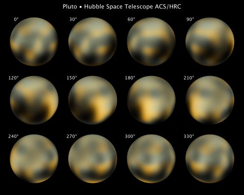 Surface Color-Variations on Pluto
Since its discovery in 1930, Pluto has been a speck of light in the largest ground-based telescopes. But NASA's Hubble Space Telescope has now mapped the Dwarf Planet in never-before-seen detail. The new map is so good, astronomers have even been able to detect changes on the Dwarf Planet's Surface by comparing Hubble images taken in 1994 with the newer images taken in 2002-2003. The task is as challenging as trying to see the markings on a soccer ball 40 miles away.

Hubble's view isn't sharp enough to see craters or mountains, if they exist on the surface, but Hubble reveals a complex-looking and variegated world with white, dark-orange, and charcoal-black terrain. The overall color is believed to be a result of UltraViolet radiation from the distant Sun breaking up Methane that is present on Pluto's Surface, leaving behind a dark, molasses-colored, carbon-rich residue. 
Astronomers were very surprised to see that Pluto's brightness has changed — the Northern Pole is brighter and the Southern Hemisphere is darker and redder. Summer is approaching Pluto's North Pole, and this may cause surface ices to melt and refreeze in the colder shadowed portion of the Planet. The Hubble pictures underscore that Pluto is not simply a ball of ice and rock but a dynamic world that undergoes dramatic atmospheric changes.
Parole chiave: Pluto