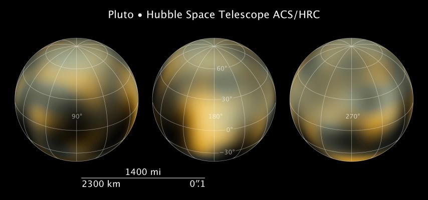Surface Color-Variations on Pluto
NASA today released the most detailed set of images ever taken of the distant dwarf planet Pluto. The images taken by NASA's Hubble Space Telescope show an icy and dark molasses-colored, mottled world that is undergoing seasonal changes in its surface color and brightness. Pluto has become significantly redder, while its illuminated Northern Hemisphere is getting brighter. These changes are most likely consequences of surface ices sublimating on the sunlit Pole and then refreezing on the other Pole as the dwarf planet heads into the next phase of its 248-year-long seasonal cycle. The dramatic change in color apparently took place in a two-year period, from 2000 to 2002.

The Hubble images will remain our sharpest view of Pluto until NASA's New Horizons probe is within 6 months of its Pluto flyby. The Hubble pictures are proving invaluable for picking out the planet's most interesting-looking hemisphere for the New Horizons spacecraft to swoop over when it flies by Pluto in 2015.

Though Pluto is arguably one of the public's favorite planetary objects, it is also the hardest of which to get a detailed portrait because the world is small and very far away. Hubble resolves surface variations a few hundred miles across, which are too coarse for understanding Surface Geology. But in terms of surface color and brightness Hubble reveals a complex-looking and variegated world with white, dark-orange, and charcoal-black terrain. The overall color is believed to be a result of UltraViolet radiation from the distant Sun breaking up Methane that is present on Pluto's Surface, leaving behind a dark and red carbon-rich residue.

When Hubble pictures taken in 1994 are compared with a new set of images taken in 2002 to 2003, astronomers see evidence that the northern polar region has gotten brighter, while the southern hemisphere has gotten darker. These changes hint at very complex processes affecting the visible surface, and the new data will be used in continued research.

The images are allowing planetary astronomers to better interpret more than three decades of Pluto observations from other telescopes, says principal investigator Marc Buie of the Southwest Research Institute in Boulder, Colo. "The Hubble observations are the key to tying together these other diverse constraints on Pluto and showing how it all makes sense by providing a context based on weather and seasonal changes, which opens other new lines of investigation."

The Hubble pictures underscore that Pluto is not simply a ball of ice and rock but a dynamic world that undergoes dramatic atmospheric changes. These are driven by seasonal changes that are as much propelled by the Planet's 248-year elliptical orbit as its axial tilt, unlike Earth where the tilt alone drives seasons. The seasons are very asymmetric because of Pluto's elliptical orbit. Spring transitions to Polar Summer quickly in the Northern Hemisphere because Pluto is moving faster along its orbit when it is closer to the Sun.

Ground-based observations, taken in 1988 and 2002, show that the mass of the atmosphere doubled over that time. This may be due to warming and sublimating Nitrogen ice. The new Hubble images from 2002 to 2003 are giving astronomers essential clues about how the seasons on Pluto work and about the fate of its atmosphere.

The images, taken by the Advanced Camera for Surveys, are invaluable to planning the details of the New Horizons flyby in 2015. New Horizons will pass by Pluto so quickly that only one hemisphere will be photographed in the highest possible detail. Particularly noticeable in the Hubble image is a bright spot that has been independently noted to be unusually rich in carbon monoxide frost. It is a prime target for New Horizons. "Everybody is puzzled by this feature," says Buie. New Horizons will get an excellent look at the boundary between this bright feature and a nearby region covered in pitch-black surface material.

"The Hubble images will also help New Horizons scientists better calculate the exposure time for each Pluto snapshot, which is important for taking the most detailed pictures possible," says Buie. With no chance for re-exposures, accurate models for the surface of Pluto are essential in preventing pictures that are either under- or overexposed.

The Hubble images are a few pixels wide. But through a technique called dithering, multiple, slightly offset pictures can be combined through computer-image processing to synthesize a higher-resolution view than could be seen in a single exposure. "This has taken four years and 20 computers operating continuously and simultaneously to accomplish," says Buie, who developed special algorithms to sharpen the Hubble data.

The Hubble research results appear in the March 2010 issue of the Astronomical Journal. Buie's science team members are William Grundy of Lowell Observatory in Flagstaff, Ariz., and Eliot Young, Leslie Young, and Alan Stern of Southwest Research Institute in Boulder, Colo.

Buie plans to use Hubble's new Wide Field Camera 3 to make further Pluto observations prior to the arrival of New Horizons.
Parole chiave: Pluto