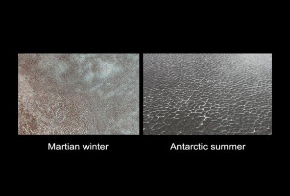 Martian and Earthly Polygons (comparison)
Some High-Latitude Areas on Mars (left) and Earth (right) exhibit similarly patterned ground where shallow fracturing has drawn Polygons on the surface. This patterning may result from cycles of freezing and thawing (---> disgelo). 

The left image shows ground within the targeted landing area NASA's Phoenix Mars Lander before the Winter frost had entirely disappeared from the Surface. The bright ice in shallow crevices accentuates the area's polygonal fracturing pattern. The polygons are a few meters (several feet) across. 
The image is a small portion of an exposure taken in March 2008 by the High Resolution Imaging Science Experiment (HiRISE) camera on NASA's Mars Reconnaissance Orbiter. 

The image on the right is an aerial view of similarly patterned ground in Antarctica.
Parole chiave: Mars and Earth - Northern Regions