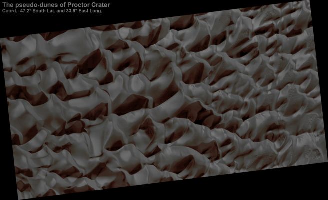 The Frozen "Pseudo-Dunes" of Proctor Crater (Enhanced Natural Colors; credits: Dr Paolo C. Fienga - Lunexit Team)
nessun commento
Parole chiave: Mars from orbit - Craters - Proctor Crater