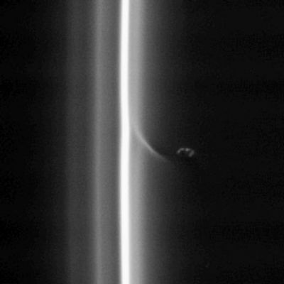 Prometheus' streamers
Caption NASA:"This view shows Prometheus with a streamer it has created in the inner edge of the F-Ring. Prometheus comes close to the inner edge of the Ring once per orbit, perturbing the Ring particles there. 
In 2009, the moon's orbit is expected to carry it repeatedly into the F-Ring core, an event that ring scientists are eagerly awaiting. 
Prometheus is 102 Km (approx. 63 miles) across. This view looks toward the unlit side of the Rings, from about 40° above the Ring-Plane. 

The image was taken in visible light with the Cassini spacecraft narrow-angle camera on Oct. 16, 2006 at a distance of approx. 1,8 MKM (1,1 MMs) from Prometheus and at a Sun-Prometheus-spacecraft, or phase, angle of 150°. 
Scale in the original image was roughly 11 Km (about 7 miles) per pixel. 
The image has been magnified by a factor of two".
Parole chiave: Saturn's Moons - Prometheus