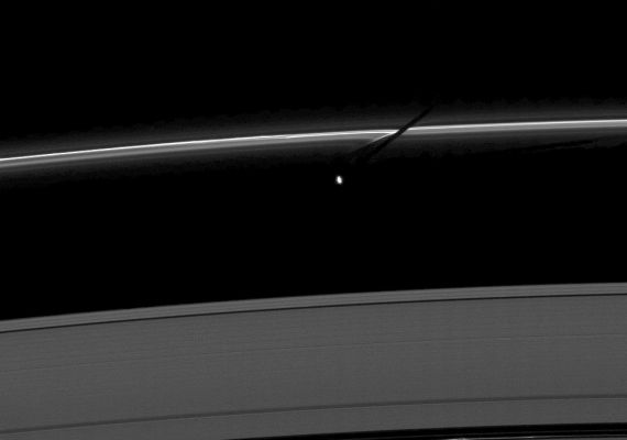 Prometheus, its Shadow and Streamer Channel
Caption NASA:"The moon Prometheus casts a shadow on the thin "F"-ing marked with Streamer-Channels created by the moon in this image taken as Saturn approaches its August 2009 Equinox. 
The gravity of potato-shaped Prometheus (about 86 Km, or approx. 53 miles across) periodically creates Streamer-Channels in the "F"-Ring. 

(For further examples and to learn more, see PIA10461 and PIA10593. If you want to watch a movie of this process, please refer to and see PIA08397). 

The novel illumination geometry created as Saturn approaches its August 2009 Equinox allows moons orbiting in or near the plane of Saturn's Equatorial Rings to cast shadows onto the Rings. These scenes are possible only during the few months before and after Saturn's Equinox which occurs only once in about 15 Earth years. 
To learn more about this special time and to see movies of moons' shadows moving across the Rings, see PIA11651 and PIA11660. 

This view looks toward the unilluminated side of the Rings from about 52° above the Ring-Plane. The image was taken in Visible Light with the Cassini Spacecraft narrow-angle camera on June 15, 2009. 
The view was acquired at a distance of approx. 1,8 MKM (about 1,1 MMs) from Prometheus and at a Phase Angle of 85°. 
Image scale is roughly 11 Km (a little less than 7 miles) per pixel".
Parole chiave: Saturn's Moon - Prometheus