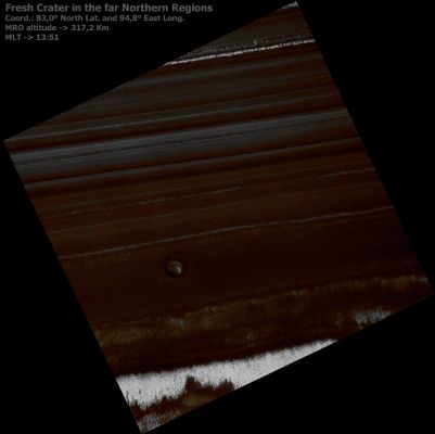 Fresh crater in the Northern Regions (possible Natural Colors; credits: Lunar Explorer Italia)
nessun commento
Parole chiave: Mars from orbit - North Polar Regions - Fresh Crater