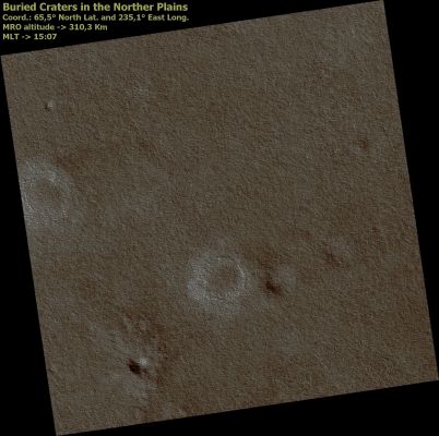 The Northern Plains (Natural Colors; credits for the additional process. and color.: Dr Paolo C. Fienga - Lunexit Team)
M.L.T.: 15:07 (early afternoon)
Latitude (centered): 65,5° North 
Longitude: 235,1° East
Range to target site: 310,3 Km (about 194,8 miles) 
Original image scale range: 31 cm/pixel (with 1 x 1 binning) so objects ~93 cm across are resolved 
Map Projected Scale: 25 cm/pixel 
Map Projection: POLAR STEREOGRAPHIC 
Emission Angle: 0,3° 
Phase Angle (Sun-Mars-MRO): 58,1 ° 
Solar Incidence Angle: 58° (meaning that the Sun is about 32° above the Local Horizon) 
Solar Longitude: 138,0° (Northern Summer)
Parole chiave: Mars from orbit - Northern Plains