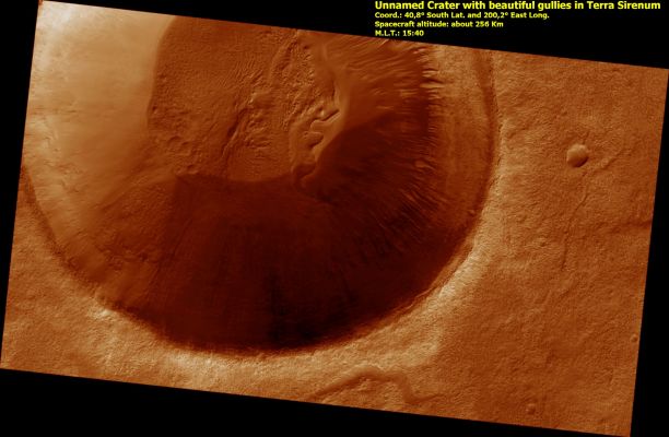Unnamed (and yet beautiful) Crater with Gullies in Terra Sirenum
This image shows part of an unnamed crater, itself located inside the much larger Newton Crater, in Terra Sirenum. This unnamed crater is approx. 7 Km in diameter (over 4 miles) and some 700 mt (about 760 yards) deep. 
Numerous gully systems are visible on the East- and South-facing walls of the crater; their characteristics are astonishingly diverse, though.
These troughs are extremely rectilinear, lack tributaries and do not seem to have terminal fan deposits: they terminate rather abruptly, some of them in a spatula-like shape. Their characteristics contrast sharply with those of gully systems elsewhere in this same crater, which are sinuous, have numerous tributaries and show distinct fan deposits.
HiRISE is unveiling the large diversity exhibited by Martian Gully Systems, thanks to its HR, stereo and color capabilities. These diverse types of gullies observed may have been produced by different mechanisms. Current leading hypotheses explaining the origin of gullies include erosion from seepage or eruption of water from a subsurface aquifer, melting of ground ice, or surface snow; and dry landslides. 
Parole chiave: Mars from orbit - Craters - Unnamed Crater with Gullies