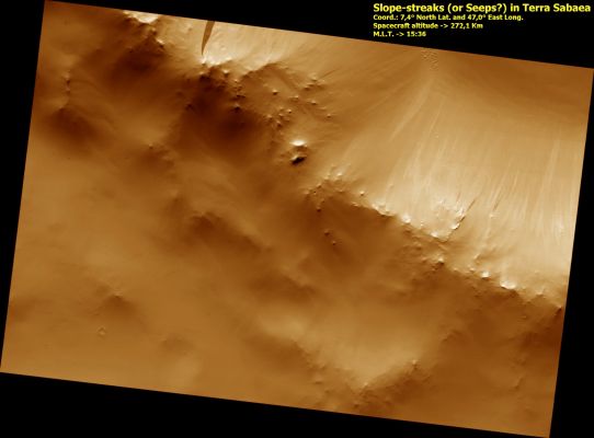 Slope Streaks (or "Seeps"?) in Terra Sabaea
Slope streak formation is among the few known processes currently active on Mars. While their mechanism of formation and triggering is debated, they are most commonly believed to form by downslope movement of extremely dry sand or very fine-grained dust in an almost fluidlike manner (analogous to a terrestrial snow avalanche) exposing darker underlying material. Other ideas include the triggering of slope streak formation by possible concentrations of near-surface ice or scouring of the surface by running water from aquifers intercepting slope faces, spring discharge (perhaps brines) and/or hydrothermal activity.
Several of the slope streaks visible here, particularly the 3 longest darker streaks, show evidence that downslope movement is being diverted around obstacles such as large boulders. Several streaks also appear to originate at boulders or clumps of rocky material.
In general, the slope streaks do not have large deposits of displaced material at their downslope ends and do not run out onto the crater floor suggesting that they have little reserve kinetic energy. The darkest slope streaks are youngest and can be seen to cross cut and superpose older and lighter-toned streaks. The lighter-toned streaks are believed to be dark streaks that have lightened with time as new dust is deposited on their surface.


Parole chiave: Mars from orbit - Terra Sabaea