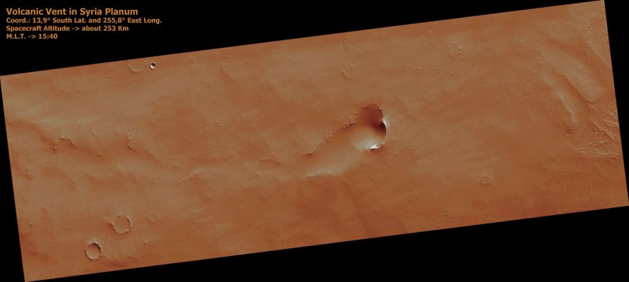 Volcanic Vent in Syria Planum (natural colors; credits: Lunar Explorer Italia)
Previous images of this area by other space missions indicate that this is a shield volcano with very shallow slopes. What HiRISE reveals is that it is completely covered by a blanket of dust.

While volcanic featues remain obscure, the dust does exhibit some very strange patterns. As you zoom into the middle of the image, the ground appears covered with a fine network of light and dark polygons. But at full resolution, it can be seen that these polygons are actually the edges of small scallops.

The dust is apparently held together by some unknown means, giving it sufficient strength to be carved into this strange pattern.
Parole chiave: Mars from orbit - Volcanic Features - Syria Planum