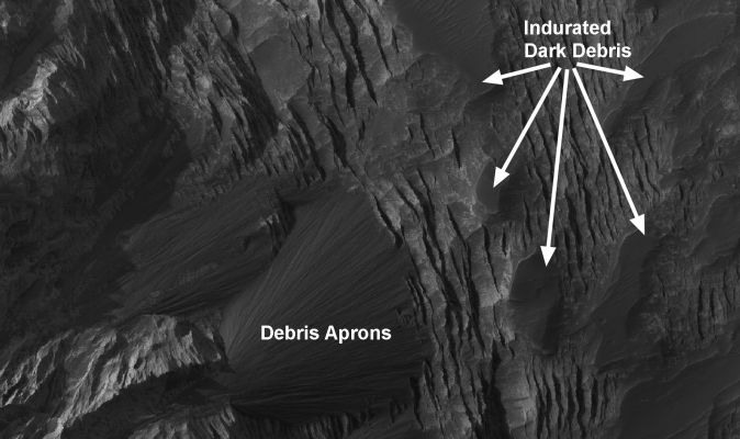 Frozen Waterfalls or just Layers and Dark Debris in Melas Chasma?
This HiRISE sub-image shows layering in a light-toned deposit in Melas Chasma. 

The layers are sedimentary in origin, but there are many processes that could have deposited them, such as volcanic airfall from explosive eruptions, dust-size particles settling out of the atmosphere due to cyclic changes and deposition in standing bodies of water.
By looking at the slopes in the layers and how the layers intersect each other, scientists can rule out various origins. A darker material can be seen covering much of the layered deposit. Some of this dark material is loose and can be seen accumulating as debris aprons at the base of steep slopes. Other dark material appears indurated and has been eroded by the wind to form etched edges with topographic expressions.

The lack of impact craters on the layered deposit indicates that it is a relatively young deposit, or the craters have been removed by the wind, or the deposit was quickly buried and is now being exhumed.
Parole chiave: Mars from orbit - Melas Chasma - Controversial