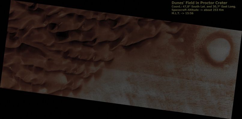 Dunes in Proctor Crater (Absolute Natural Colors; credits for the additional process. and color.: Dr Paolo C. Fienga - Lunexit Team)
This image shows the edge of a Dark Dunefield on the Floor of Proctor Crater, an approx. 150 Km diameter Impact Crater located in the Southern Highlands of Mars.

Many smaller and brighter "Bed-Forms", most likely small dunes or Granule Ripples, cover the substrate between the larger Dark Dunes as well as most of the Floor of Proctor Crater. In many locations, large (Erratic) Boulders are seen on the same surfaces as the bright Bed-Forms. 
The Dark Dunes stratigraphically overlie the small bright Bed-Forms, indicating that the Dark Dunes formed more recently. However in several areas, the Dark Dunes appear to influence the orientation of the small Bright Dunes, possibly by wind flowing around the larger ones, suggesting that both Dark and Bright Bed-Forms are coeval.
Parole chiave: Mars from orbit - Craters - Proctor Crater