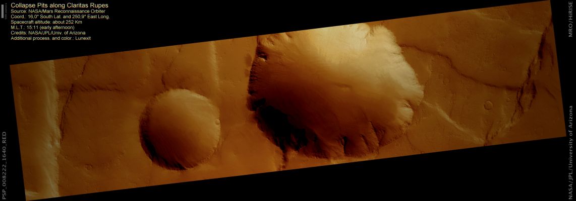 Collpse Pits along Claritas Rupes (Saturated and Enhaced Natural Colors; credits for the additional process. and color.: Dr Paolo C. Fienga - Lunexit Team)
nessun commento
Parole chiave: Mars from orbit - Collapse Pits (Catena) - Claritas Rupes