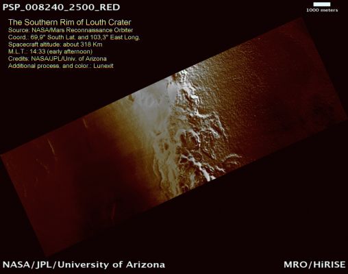 Louth Crater South Rim (Extremely Enhanced Natural Colors; credits for the additional process. and color: Dr Paolo C. Fienga - Lunexit Team)
nessun commento
Parole chiave: Mars from orbit - Craters - Louth Crater