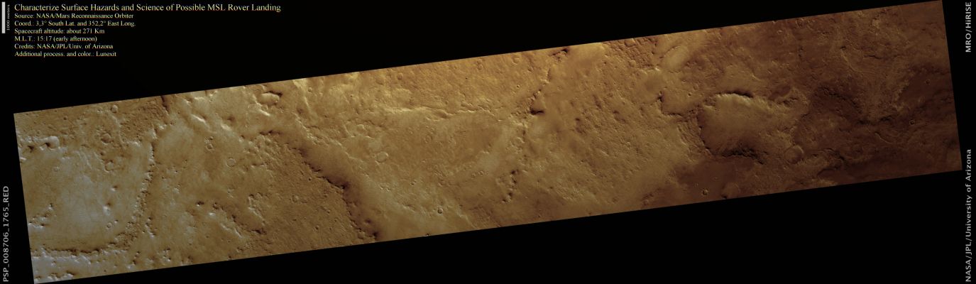 Characterize Surface Hazards and Science of Possible MSL Rover Landing Site - Equatorial Regions/Meridiani Planum (natural colors; credits: Lunexit)
nessun commento
Parole chiave: Mars from orbit - Meridiani Planum Region