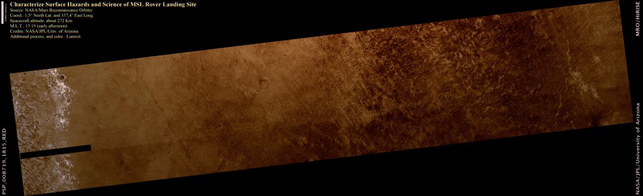 Characterize Surface Hazards and Science of MSL Rover Landing Site - Equatorial Regions/Meridiani Planum (natural colors; credits: Lunexit)
nessun commento
Parole chiave: Mars from orbit - Equatorial Regions