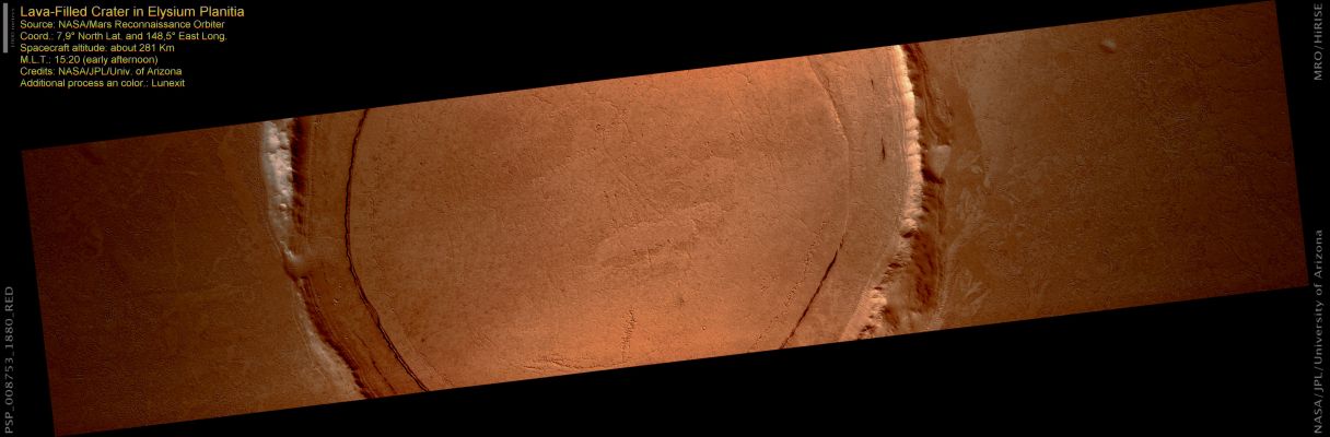 Lava-filled Crater in Elysium Planitia (natural colors; credits: Lunexit)
Elysium Planitia is a part of the Martian Lowlands that has been repeatedly covered by vast floods of lava. This image shows an older Impact Crater that has been filled by one of the youngest of those lava floods.
Only sections of the circular rim of the Crater remain uncovered. The lava surface consists of ridged plates that have rafted apart with smoother lava filling between the plates. The ridges formed as the solidifying lava crust was crumpled by compression, and the gaps between the plates formed as the crust was pulled apart. Similar compression and extension of lava crust has been observed in the largest lava flows in Iceland. 

The most puzzling aspect of this image is that the lava in the floor of the Crater appears to have sunk down compared to its surroundings. This happened after a thick crust had formed on the lava. The most likely explanation is that the last molten lava inside the flow drained away through a now buried gap in the crater rim. 

A final point of interest are the small circular cones visible near the center of the Crater. These formed when ground water (or ice) was turned to steam by the heat of the lava flow. This steam exploded through the flow, producing the small cratered cones.
Parole chiave: Mars from orbit - Craters - Unnamed lava-filled Crater in Elysium Planitia