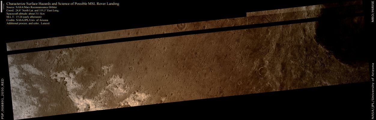 Characterize Surface Hazards and Science of Possible MSL Rover Landing - Mawrth Vallis (natural colors; credits: Lunexit)
nessun commento
Parole chiave: Mars from orbit - Mawrth Vallis Region