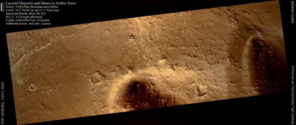 Layered Deposits in Arabia Terra Region (natural colors; credits: Lunexit)
This image shows the floor of an Unnamed Impact Crater in Arabia Terra that has Layered Deposits. There are many craters in this Region, where layering is observed.

These layers are often exposed along the sides of large isolated mounds, small knobs and mesas, and other positive relief features. In some cases, the layering is expressed as narrow sinuous ridge-like structures along crater floors.
The presence of Layered Deposits is of particular interest because these materials are not likely to be related to the impact event, but rather post-impact infill of the Crater. Modification of the Deposits has now revealed layers of material.

HiRISE and other instruments onboard the Mars Reconnaissance Orbiter may provide more clues to the origin of the these deposits.
Parole chiave: Mars from orbit - Layered Deposits - Arabia Terra Region