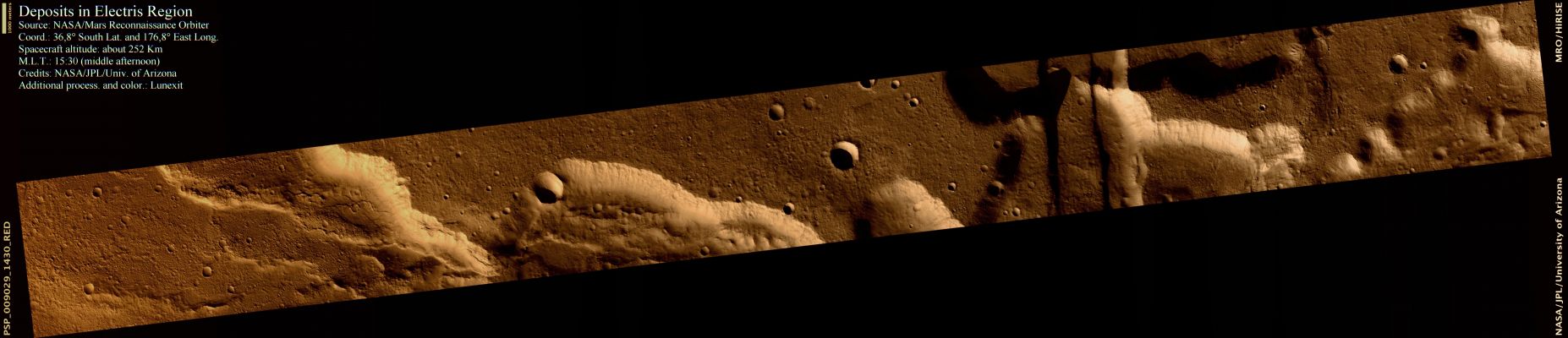 Deposits in Electris Region (natural colors; credits: Lunexit)
This observation reveals a portion of a long outcrop of a deposit in the Electris Region of Mars.
The Electris' Deposits occur over a range of landforms and relief and the process(es) responsible for their emplacement remain speculative.

Close examination of the outcrops reveal layering that in some places appear to include meter-scale blocks. Comparison with other HiRISE images of the deposit will enable more detailed mapping of its extent and nature and should provide new insight into the origin of these enigmatic materials.
Parole chiave: Mars from orbit - Deposits in Electris Region