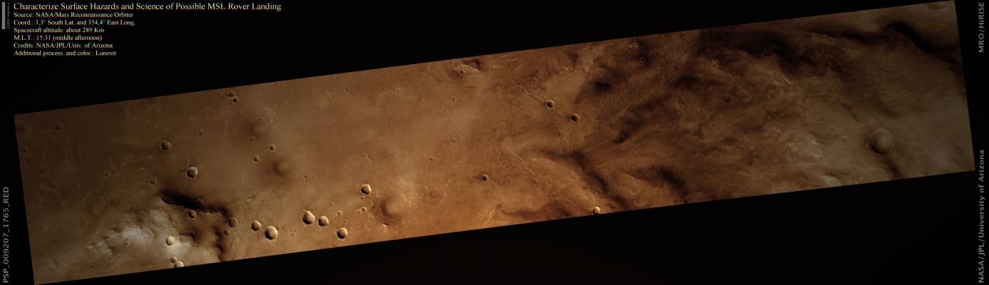 Characterize Surface Hazards and Science of MSL Rover Landing Site - Equatorial Regions/Meridiani Planum (natural colors; credits: Lunexit)
nessun commento
Parole chiave: Mars from orbit - Equatorial Regions