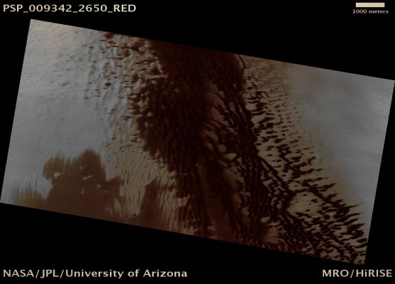 Northern Dunes (possible True Colors; credits: Lunar Explorer Italia)
Mars Local Time: 13:43 (early afternoon)
Coord. (centered): 84,9° North Lat. and 234,4° East Long.
Spacecraft altitude: 319,4 Km (such as about 199,6 miles) 
Original image scale range: 32,0 cm/pixel (with 1 x 1 binning) so objects ~96 cm across are resolved 
Map projected scale: 25 cm/pixel 
Map projection: EQUIRECTANGULAR 
Emission Angle: 6,5° 
Phase Angle: 55,9°
Solar Incidence Angle: 61° (meaning that the Sun is about 29° above the Local Horizon)
Solar Longitude: 103,0° (Northern Summer)
Credits: NASA/JPL/University of Arizona
Additional process. and coloring: Lunar Explorer Italia
Parole chiave: Mars from orbit - Dunes - Northern Dunes