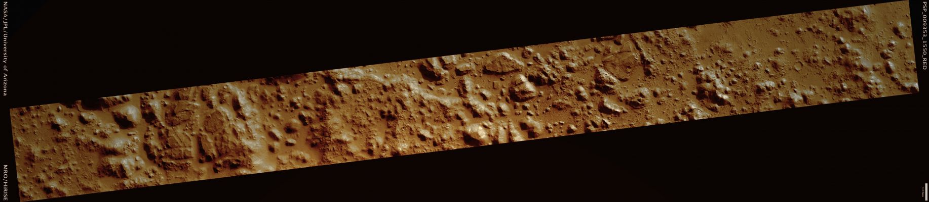 Ladon Valles (possible True Colors; credits: Lunar Explorer Italia)
Mars Local Time: 15:30 (middle afternoon)
Coord. (centered): 24,6° South Lat. and 329,1° East Long.
Spacecraft altitude: 261,2 Km (such as about 163,3 miles) 
Original image scale range: 52,3 cm/pixel (with 1 x 1 binning) so objects ~1,57 mt across are resolved 
Map projected scale: 50 cm/pixel 
Map projection: EQUIRECTANGULAR 
Emission Angle: 2,5° 
Phase Angle: 72,6°
Solar Incidence Angle: 71° (meaning that the Sun is about 19° above the Local Horizon)
Solar Longitude: 103,4° (Northern Summer)
Credits: NASA/JPL/University of Arizona
Additional process. and coloring: Lunar Explorer Italia
Parole chiave: Mars from orbit - Ladon Valles