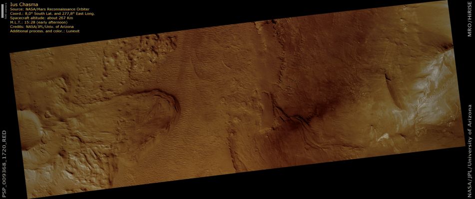 Ius Chasma (natural colors; credits: Lunexit)
This image spans the floor of Ius Chasma’s Southern Trench. Ius Chasma is located in the Western Region of Valles Marineris, the Solar System’s largest canyon. This canyon is well known for its fine stratigraphic layers modified by wind and water. 
The outcrops contain interchanging layers of dark and bright rocks. The layered deposits consist of dark basalt lava flows and bright sedimentary layers. The sediments are likely to be from atmospheric dust, sand, or alluvium from an ancient water source. The layers are visible on the gentle slopes above the canyon floor, in pitted areas, and in small mesa buttes. The floor of the canyon is littered with megaripples that are aligned in a North-South direction. 

Ius Chasma is believed to have been shaped by a process called "sapping" that occurred when water seeped from the layers of the cliffs and evaporated before it reached the canyon floor. This process is thought to have dominated during the Amazonian Period.

Ius Chasma also has several structural features such as East trending normal Faults and Grabens that deformed the canyons. Recent geomorphological events include Mass Wasting (Avalanches) and minor Sapping from Gullies that continued to erode the canyon walls.
Parole chiave: Mars from orbit - Ius Chasma Region