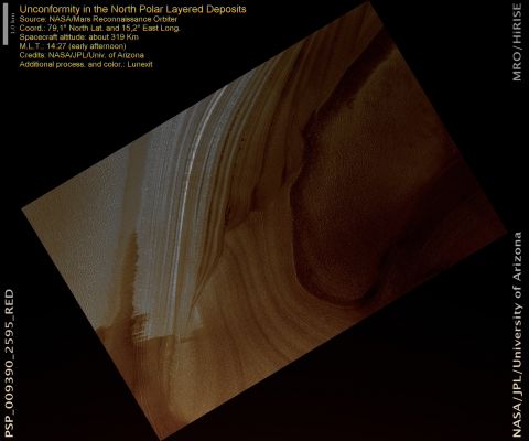 Unconformity in North Polar Layered Deposits (natural colors; credits: Lunexit)
This image features the North Polar Layered Deposits. The flat tongue-shaped feature at the bottom of the image is the surface of the cap.

The bright textured region near the top of the image is polygonal ground, which is commonly found in the Martian High-Latitudes. Polygonal ground formation is thought to relate to temperature cycles in ice-rich soil.

Just south of the polygonal ground, a bright layer within the cap can be seen eroding in the form of landslides, particularly near the center of the image.

The most noticeable part of the polar cap is visible in an unconformity, the horizontal break in the cap layers. An unconformity is caused by non-uniform erosion or deposition. In this case, non-uniform erosion or deposition might have occurred due to variable climate over geologic time.



Parole chiave: Mars from orbit - North Polar Features - Non Conformity