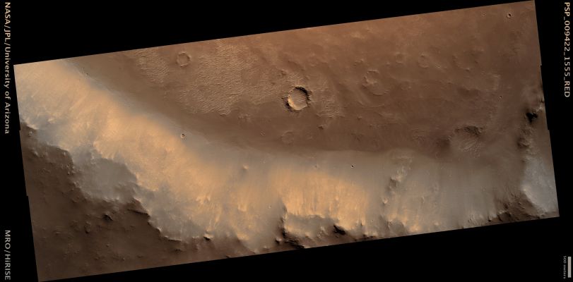Southern Crater (possible True Colors; credits: Lunar Explorer Italia)
Mars Local Time: 15:30 (middle afternoon)
Coord. (centered): 24,5° South Lat. and 245,1° East Long.
Spacecraft altitude: 252,9 Km (such as about 158,0 miles) 
Original image scale range: 25,3 cm/pixel (with 1 x 1 binning) so objects ~50,6 cm across are resolved 
Map projected scale: 25 cm/pixel 
Map projection: EQUIRECTANGULAR 
Emission Angle: 4,8° 
Phase Angle: 73,9°
Solar Incidence Angle: 70° (meaning that the Sun is about 20° above the Local Horizon)
Solar Longitude: 105,8° (Northern Summer)
Credits: NASA/JPL/University of Arizona
Additional process. and coloring: Lunar Explorer Italia
Parole chiave: Mars from orbit - Craters - Unnamed Southern Crater