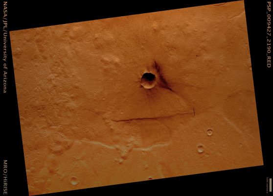 Small and "fresh" Crater in Utopia Planitia (possible True Colors; credits: Lunar Explorer Italia)
Mars Local Time: 15:16 (early afternoon)
Coord. (centered): 38,5° North Lat. and 100,3° East Long.
Spacecraft altitude: 297,4 Km (such as about 185,9 miles) 
Original image scale range: 29,8 cm/pixel (with 1 x 1 binning) so objects ~89 cm across are resolved 
Map projected scale: 25 cm/pixel 
Map projection: EQUIRECTANGULAR 
Emission Angle: 4,4° 
Phase Angle: 48,1°
Solar Incidence Angle: 44° (meaning that the Sun is about 46° above the Local Horizon)
Solar Longitude: 106,0° (Northern Summer)
Credits: NASA/JPL/University of Arizona
Additional process. and coloring: Lunar Explorer Italia
Parole chiave: Mars from orbit - Craters - Unnamed Crater in Utopia Planitia Region